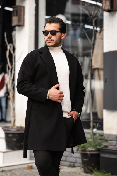 Men's Black Belted Oversized Relaxed Fit Wool Coat - 5