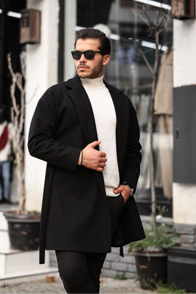 Men's Black Belted Oversized Relaxed Fit Wool Coat - 2