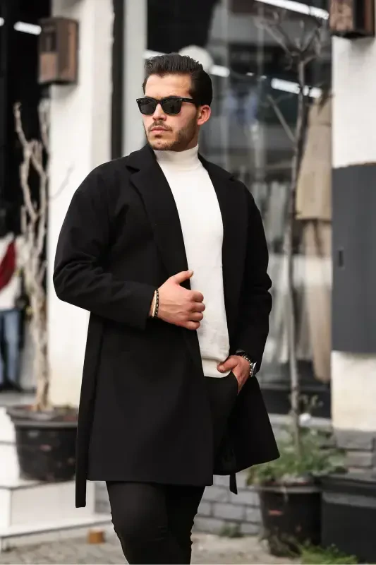 Men's Black Belted Oversized Relaxed Fit Wool Coat - MERO LIFE