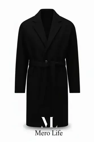 Men's Black Belted Oversized Relaxed Fit Wool Coat - MERO LIFE (1)