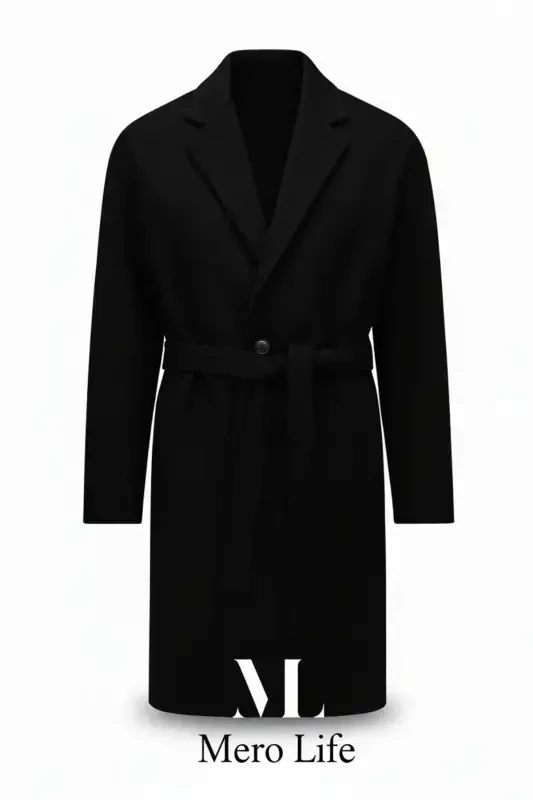 Men's Black Belted Oversized Relaxed Fit Wool Coat - 2