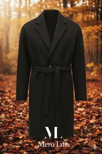 Men's Black Belted Oversized Relaxed Fit Wool Coat - 4