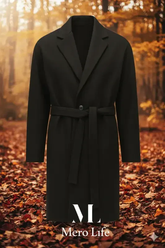 Men's Black Belted Oversized Relaxed Fit Wool Coat - 4