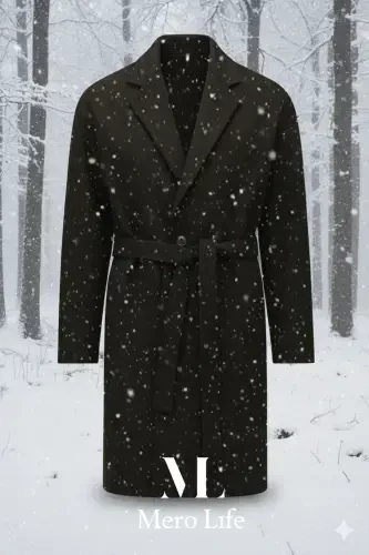 Men's Black Belted Oversized Relaxed Fit Wool Coat - 5