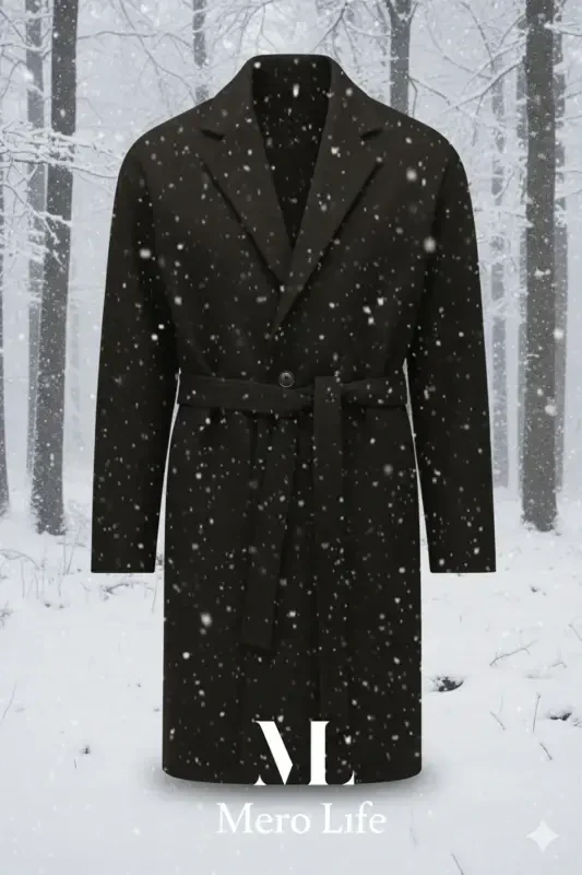 Men's Black Belted Oversized Relaxed Fit Wool Coat - 5