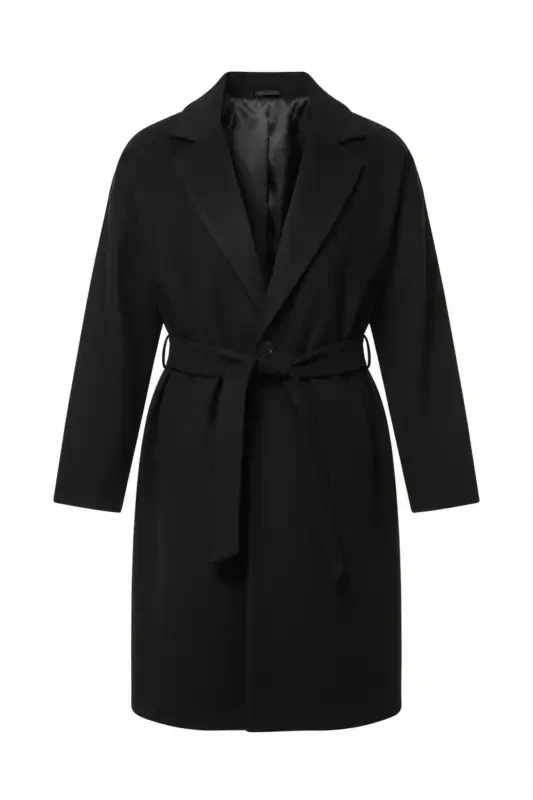 Men's Black Belted Oversized Relaxed Fit Wool Coat - 7
