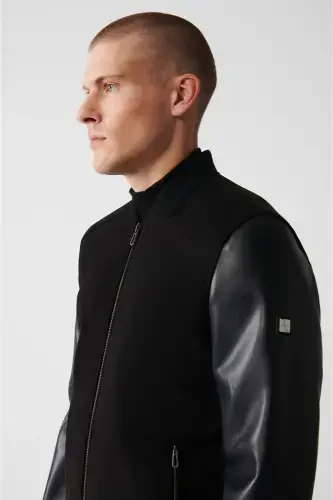 Men's Black Bomber Jacket Ribbed Suede-Leather Look Comfort Fit A32y6036 - AVVA (1)
