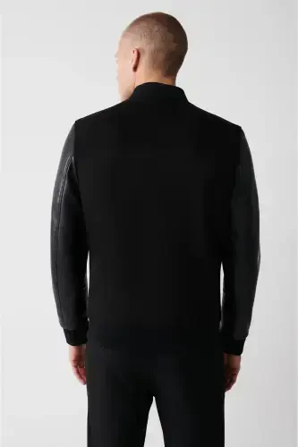 Men's Black Bomber Jacket Ribbed Suede-Leather Look Comfort Fit A32y6036 - 4