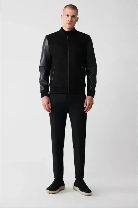 Men's Black Bomber Jacket Ribbed Suede-Leather Look Comfort Fit A32y6036 - 5