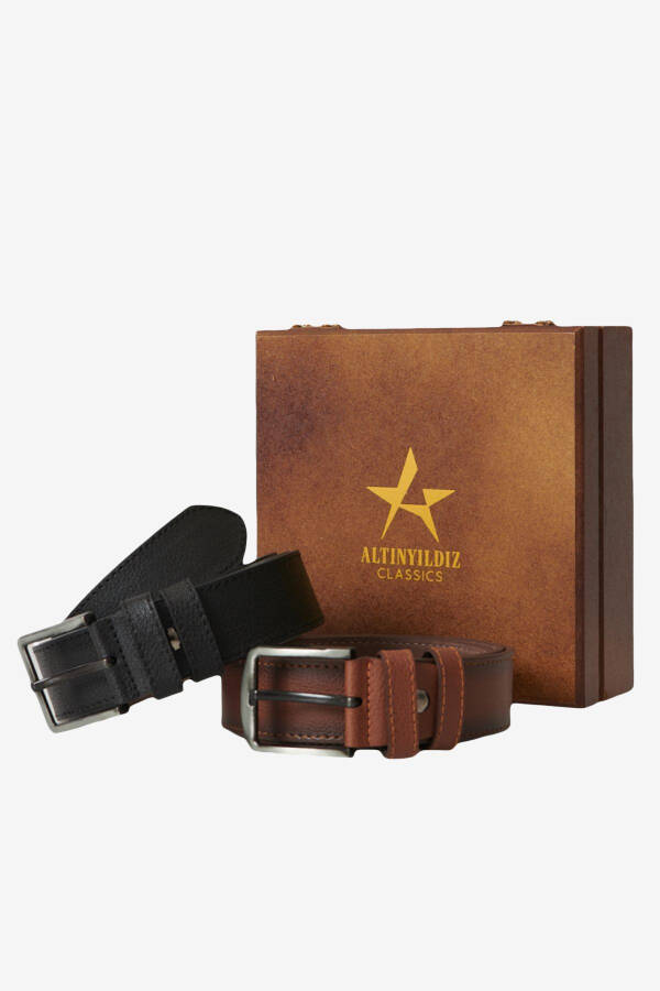 Men's Black-Brown Special Wooden Gift Boxed 2-Piece Denim Belt Set Groom's Bag - 6