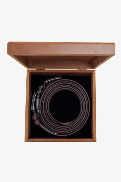 Men's Black-Brown Special Wooden Gift Boxed 2-Piece Suit Belt Groom Set - ALTINYILDIZ CLASSICS