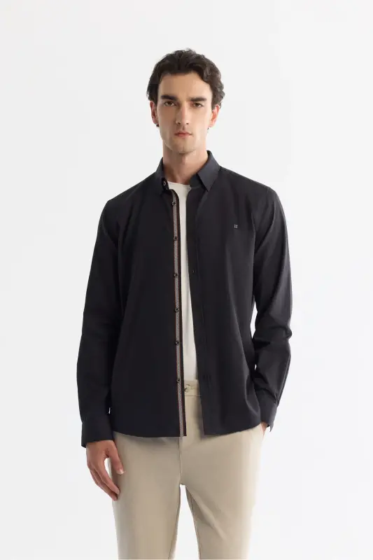 Men's Black Button-Down Collar 100% Cotton Patterned Shirt - AVVA