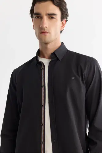 Men's Black Button-Down Collar 100% Cotton Patterned Shirt - 2