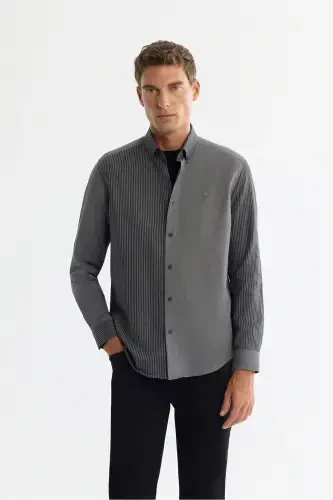 Men's Black Button-Down Collar 100% Cotton Shirt A42Y213 - 1