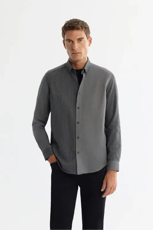 Men's Black Button-Down Collar 100% Cotton Shirt A42Y213 - AVVA