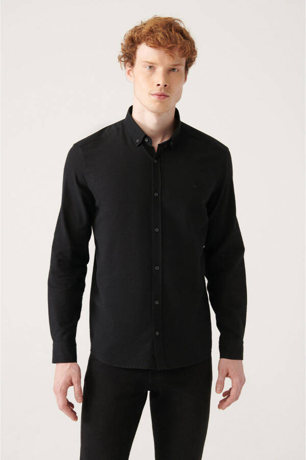 Men's Black Button-Down Collar Comfort Fit 100% Cotton Linen Textured Shirt E002141 - 13