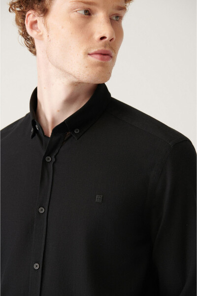 Men's Black Button-Down Collar Comfort Fit 100% Cotton Linen Textured Shirt E002141 - 14