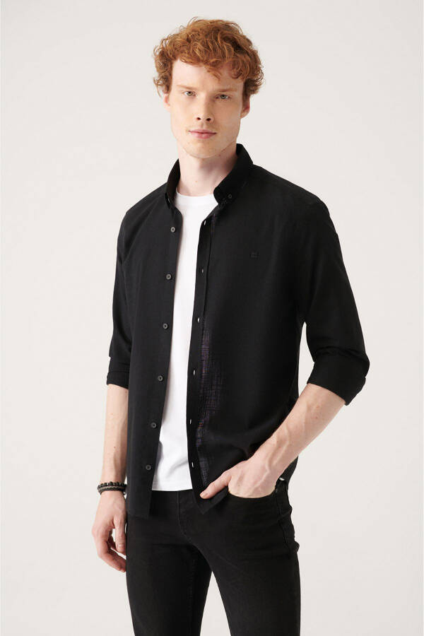 Men's Black Button-Down Collar Comfort Fit 100% Cotton Linen Textured Shirt E002141 - 3