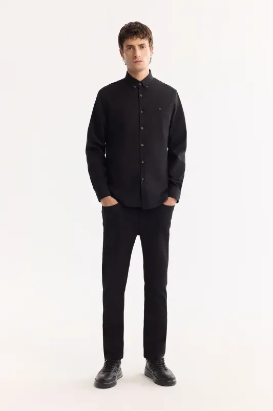 Men's Black Button-Down Collar Diagonal Cotton Shirt B - 6