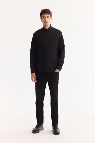 Men's Black Button-Down Collar Diagonal Cotton Shirt B - 7