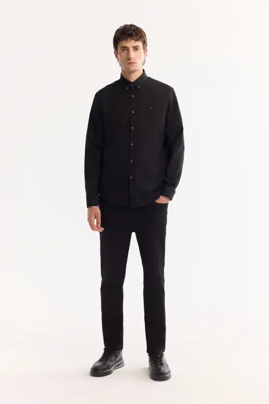 Men's Black Button-Down Collar Diagonal Cotton Shirt B - 7