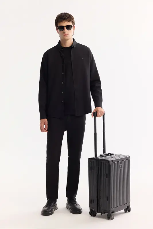 Men's Black Button-Down Collar Diagonal Cotton Shirt B - 8