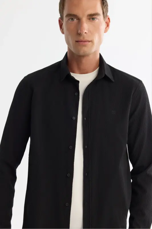 Men's Black Button-Down Collar Easy Iron Shirt - 2