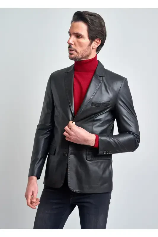 Men's Black Buttoned Leather Jacket - 1