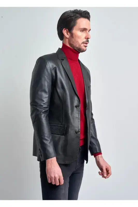Men's Black Buttoned Leather Jacket - 2
