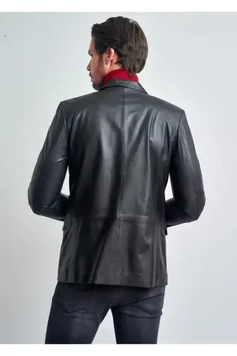 Men's Black Buttoned Leather Jacket - 3