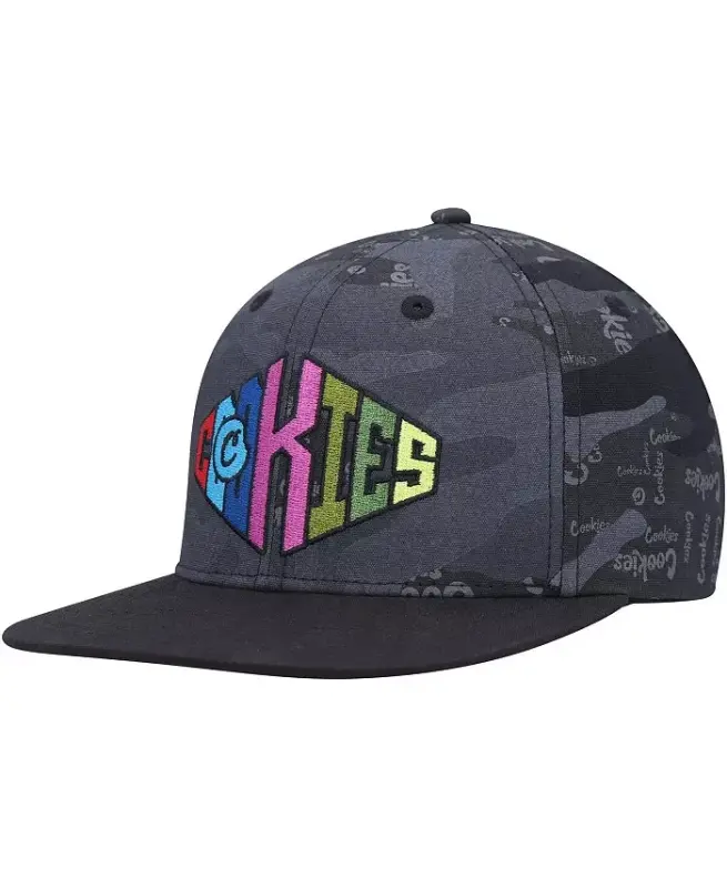 Men's Black, Camo Across the Board Snapback Hat - COOKIES