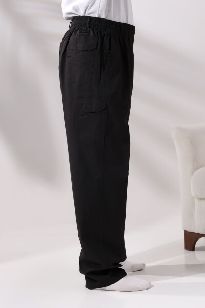 Men's Black Cargo Pants with Side Pockets, Elastic Waistband, and Relaxed Fit - 4