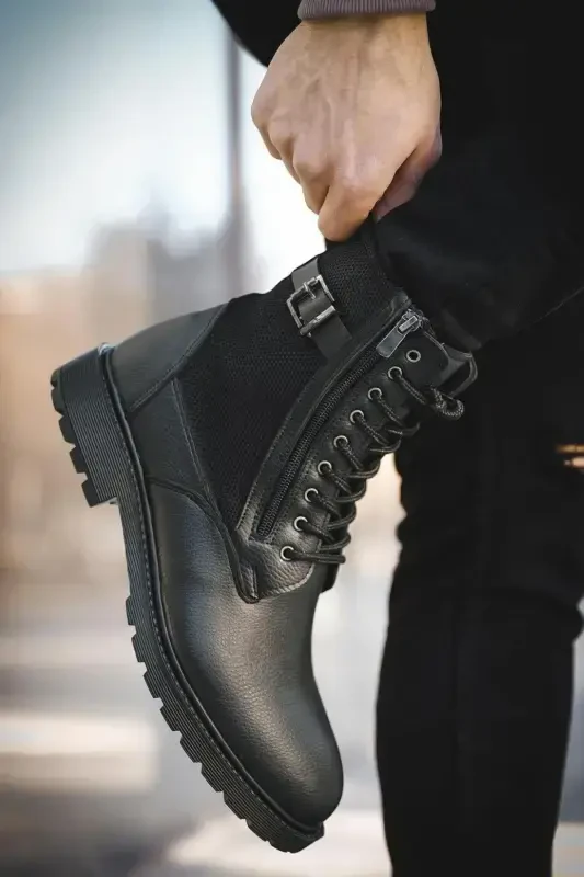 Men's Black Casual Boot-Black Leather - ŞAHIN