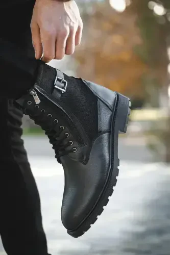 Men's Black Casual Boot-Black Leather - ŞAHIN (1)
