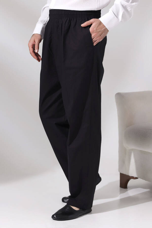 Men's Black Cınar Relaxed Fit Elastic Waist Hajj and Umrah Linen Pants - 4