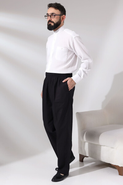 Men's Black Cınar Relaxed Fit Elastic Waist Hajj and Umrah Linen Pants - 7