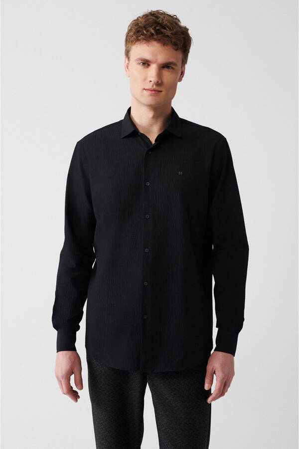 Men's Black Classic Collar Waffle Cotton Slim Fit Skinny Shirt E002068 - 6