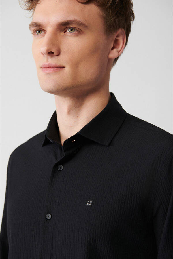 Men's Black Classic Collar Waffle Cotton Slim Fit Skinny Shirt E002068 - 7