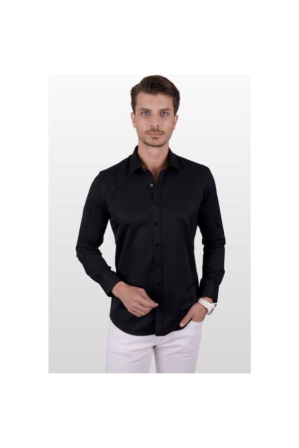 Men's Black Classic Cotton Plain Slim Fit Shirt - 1