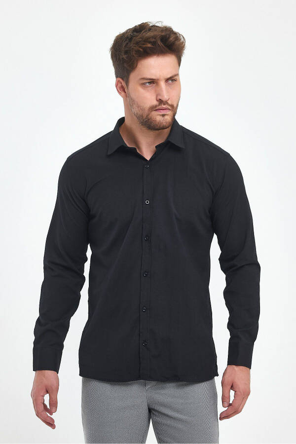 Men's Black Classic Cotton Plain Slim Fit Shirt - 1