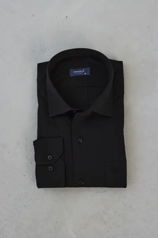 Men's Black Classic Fit Regular Collar Easy Iron Cotton Blend Shirt G90-Black - RAVANELLI