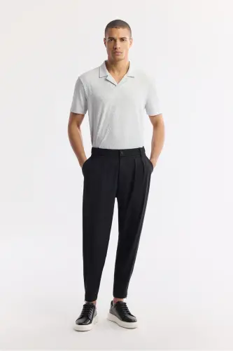 Men's Black Classic Waist Wrinkle-Resistant Technical Baggy Fit Fabric Trousers A51Y3021 - Black - 1
