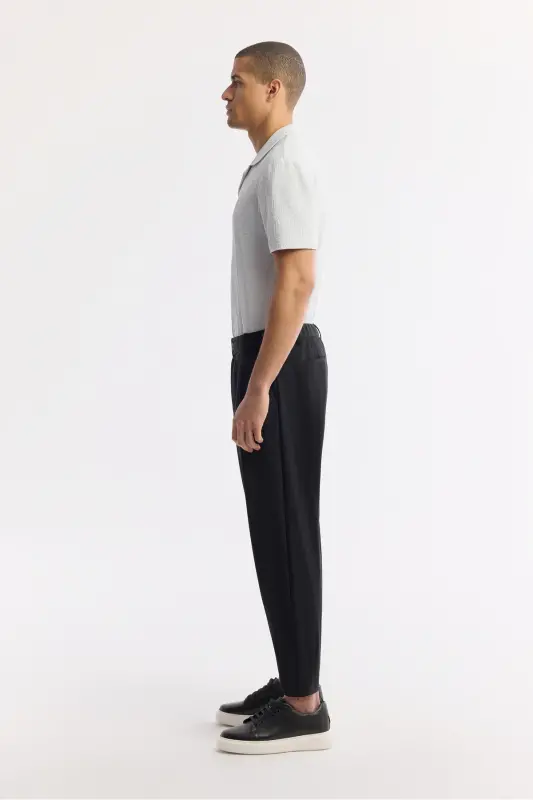 Men's Black Classic Waist Wrinkle-Resistant Technical Baggy Fit Fabric Trousers A51Y3021 - Black - 3