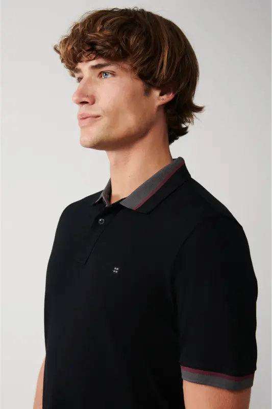 Men's Black Collar Striped 100% Cotton 2 Button Po - 2