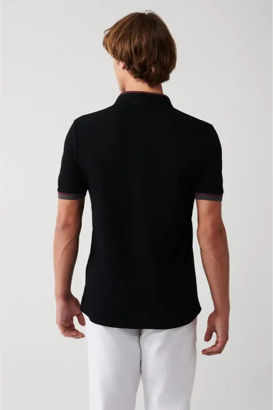 Men's Black Collar Striped 100% Cotton 2 Button Po - 4