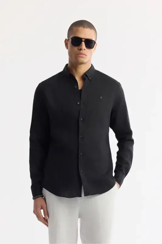 Men's Black Comfort Fit 100% Linen Button-Down Collar Shirt B002191-Black - AVVA