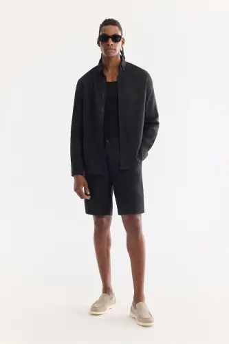 Men's Black Comfort Fit 100% Linen Button-Down Collar Shirt B002191-Black - 5