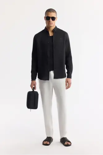 Men's Black Comfort Fit 100% Linen Button-Down Collar Shirt B002191-Black - 7
