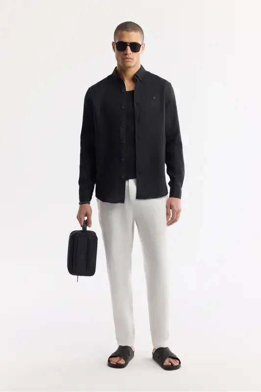 Men's Black Comfort Fit 100% Linen Button-Down Collar Shirt B002191-Black - 7