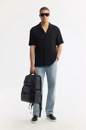 Men's Black Comfort Fit Camp Collar Jacquard Short Sleeve - 7